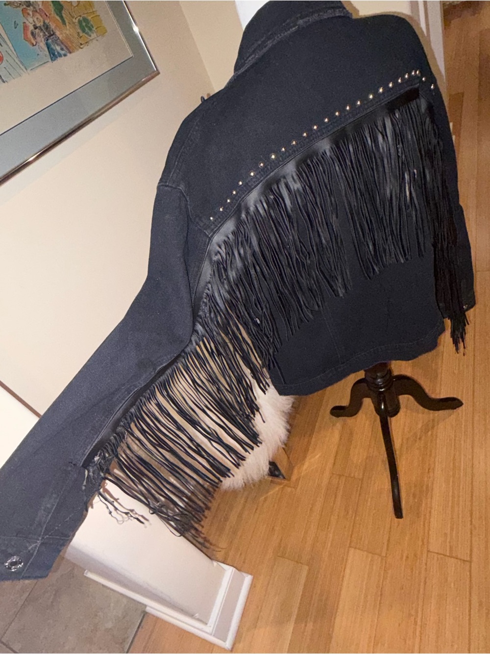 Missguided Black Fringe Studded Denim Jacket - Women's Loose Fit - Picture 6 of 8
